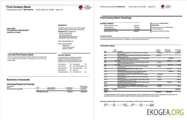 Modèle Word et PDF de relevé de compte bancaire du premier siècle des États Unis, 2 pages